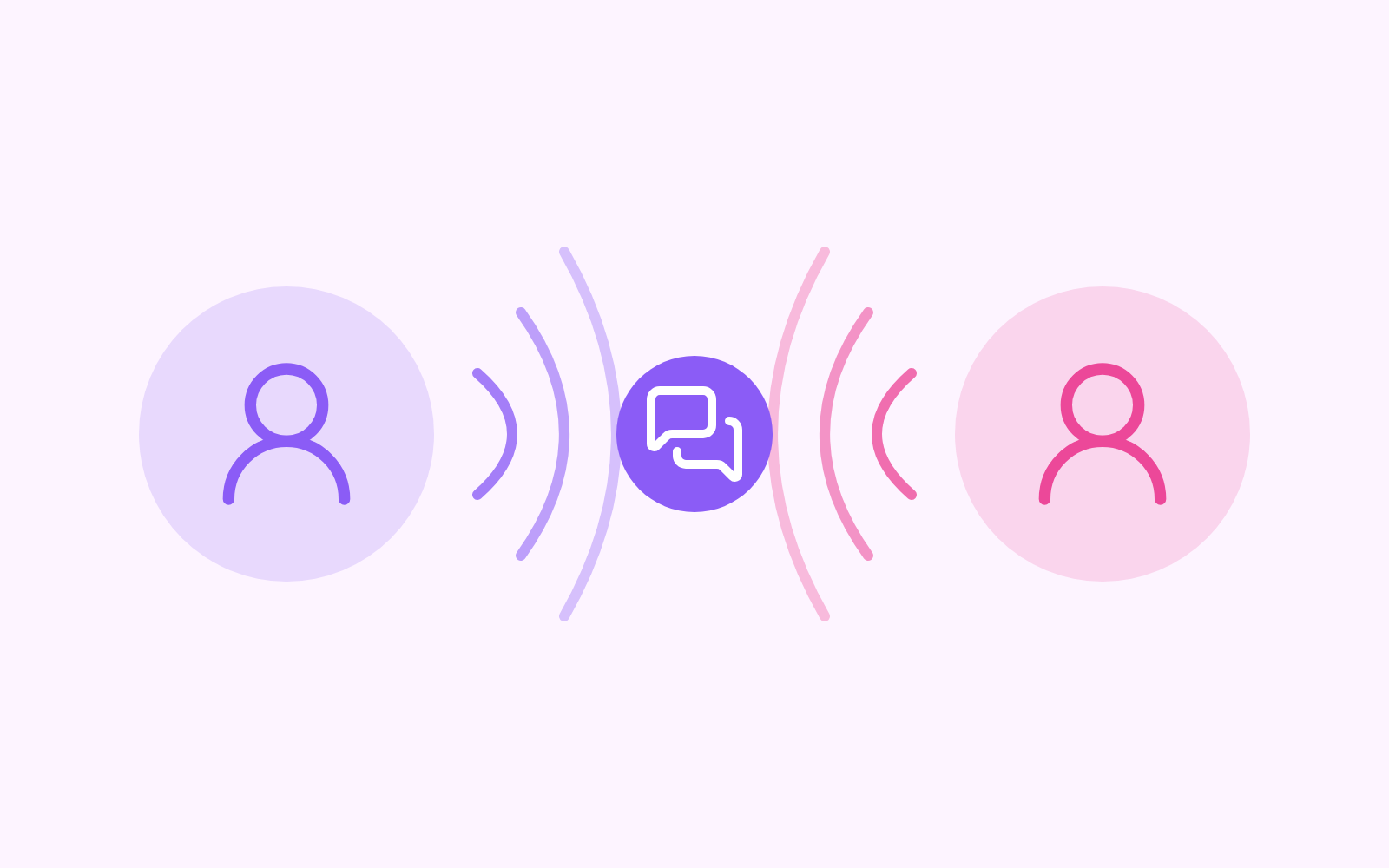 Two people facing each other with sound waves meeting in the middle at a chat icon