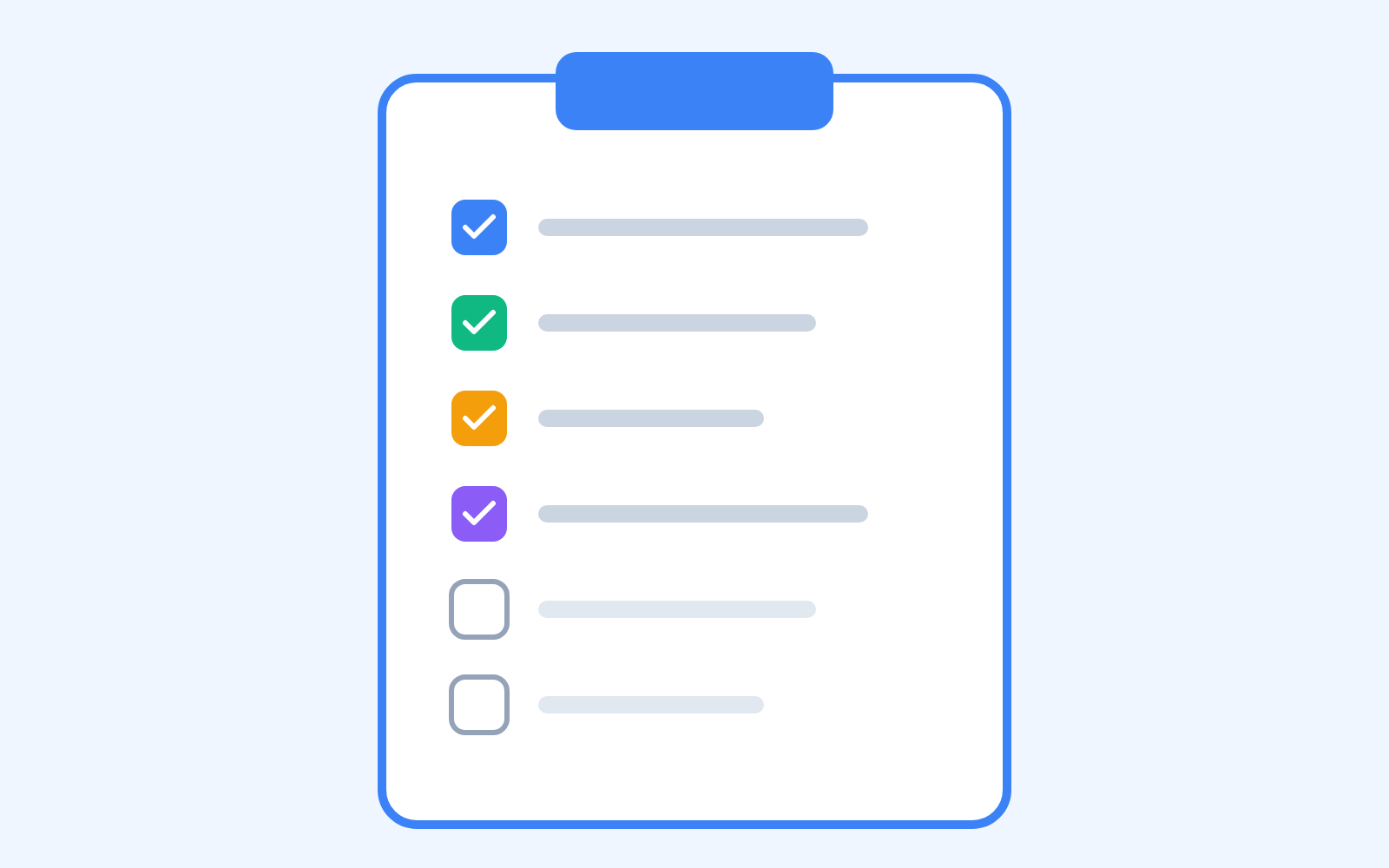 A clipboard with six rows; four are checked in different colors and two are empty