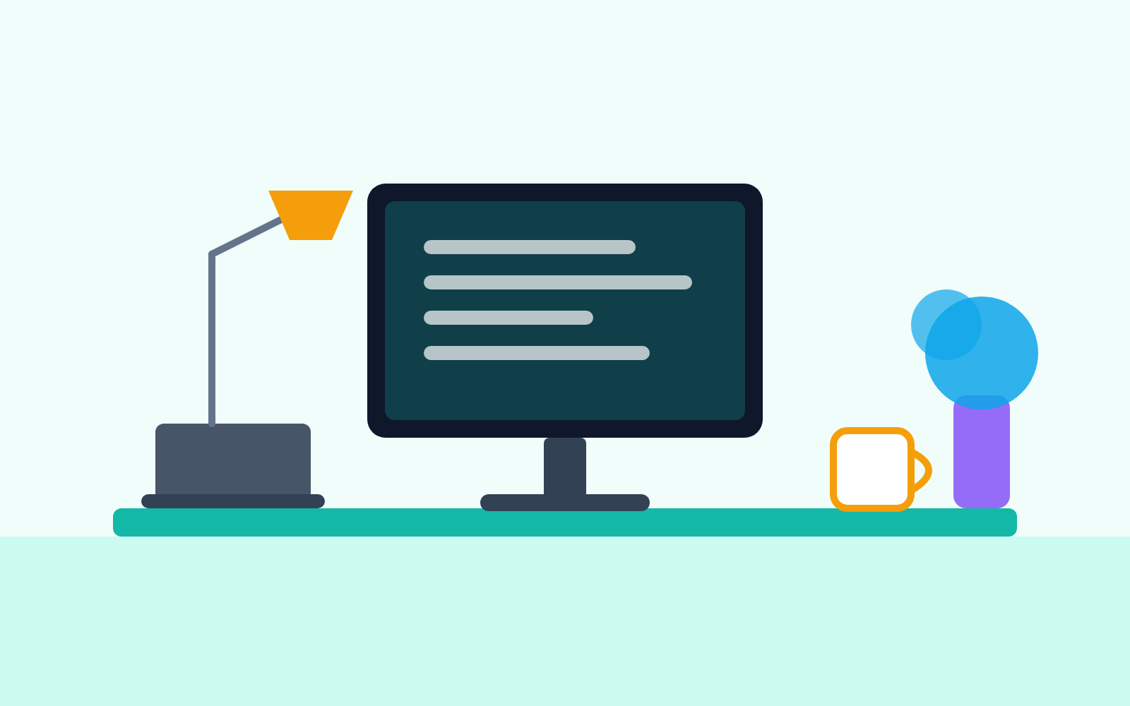 A desk with a monitor, a laptop on a stand, a mug, a lamp and a plant