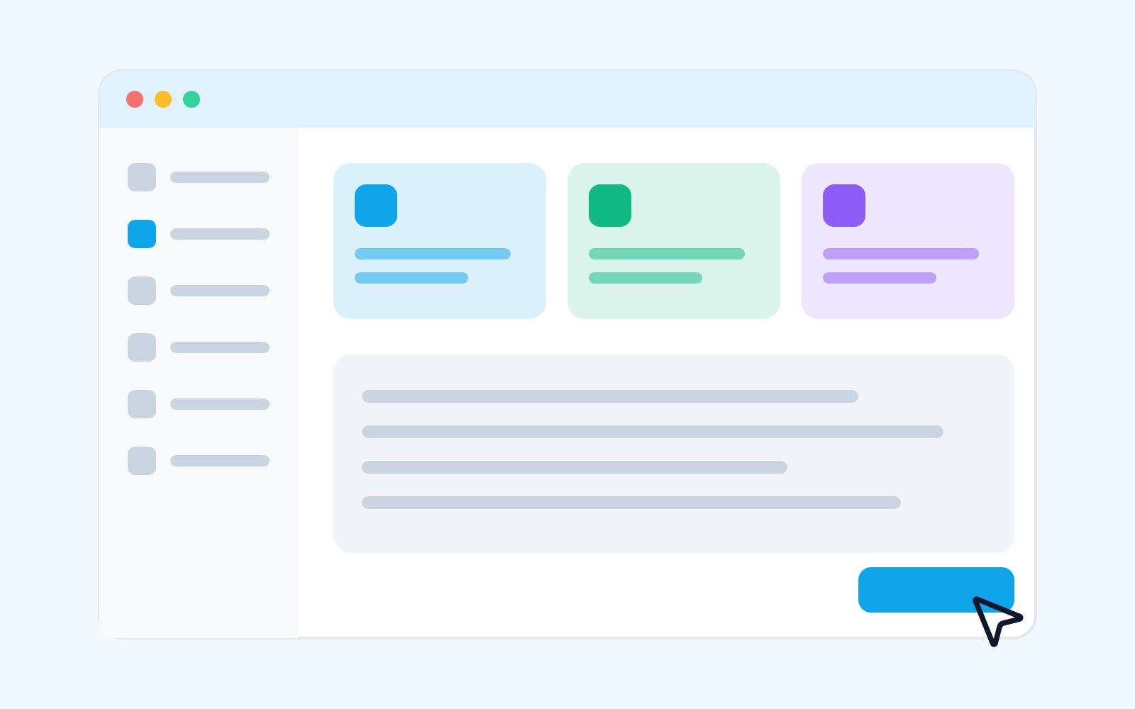 An application window with a sidebar, three project cards, a content area and a highlighted button with a cursor