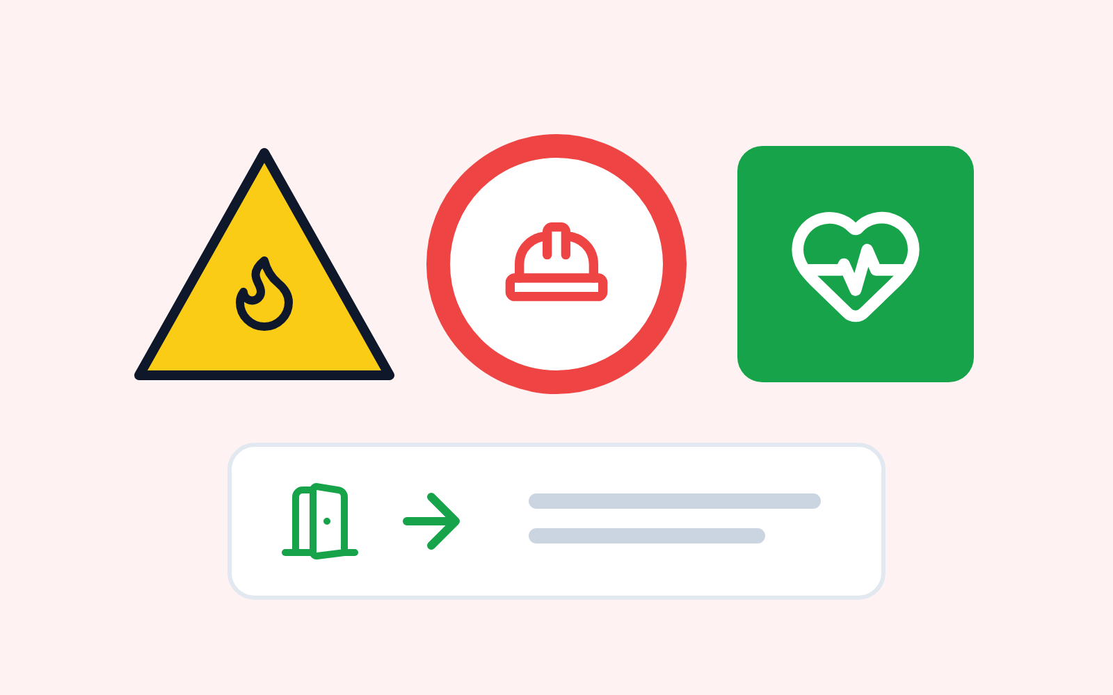 A yellow warning triangle with a flame, a red-ringed circle with a hard hat, a green square with a heart and a green exit sign
